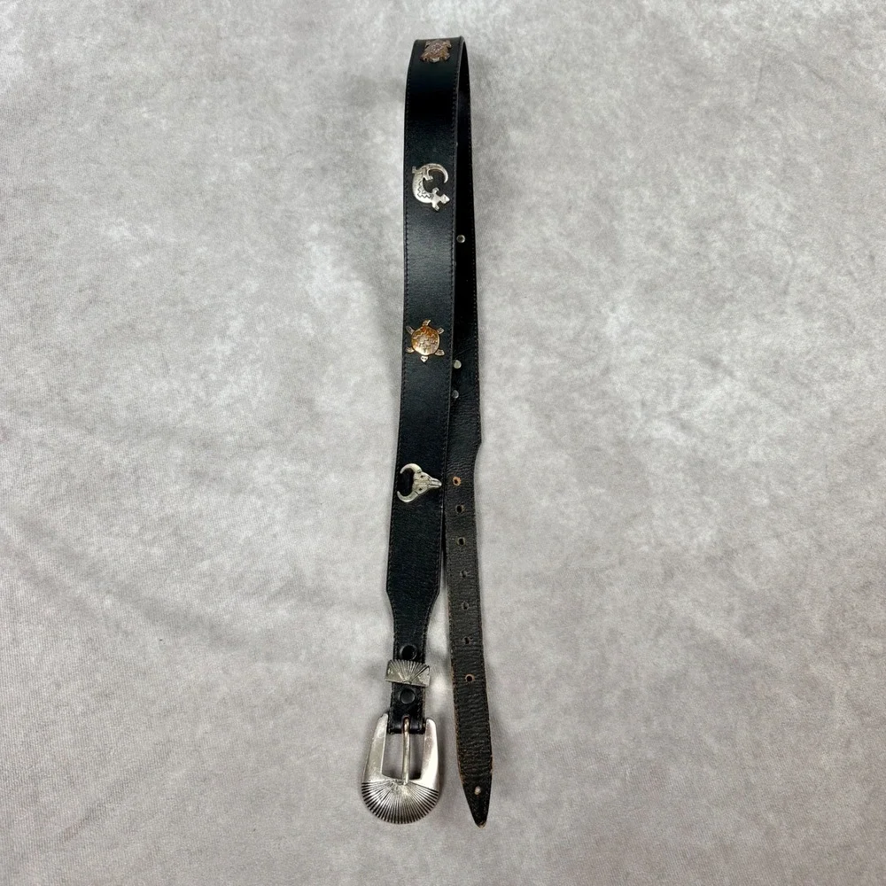 Vintage Silver Creek Black Leather Western Bull Skull Concho Belt 1990 USA Made